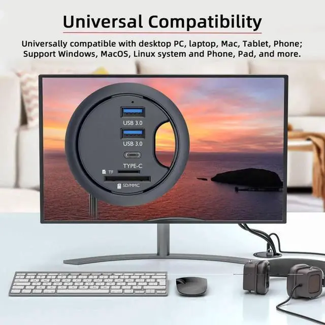 Alt view image 5 of 7 - WRIARICH USB 3.0 Flush Mount Desktop Hub, 60mm Grommet Hole Dock with 2 USB3.0, USB-C and SD/TF Card Reader for Office Desk Expansion
