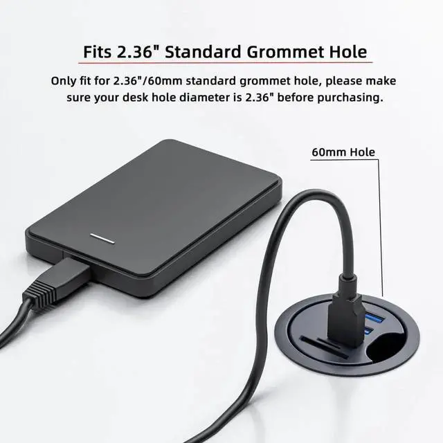 Alt view image 6 of 7 - WRIARICH USB 3.0 Flush Mount Desktop Hub, 60mm Grommet Hole Dock with 2 USB3.0, USB-C and SD/TF Card Reader for Office Desk Expansion