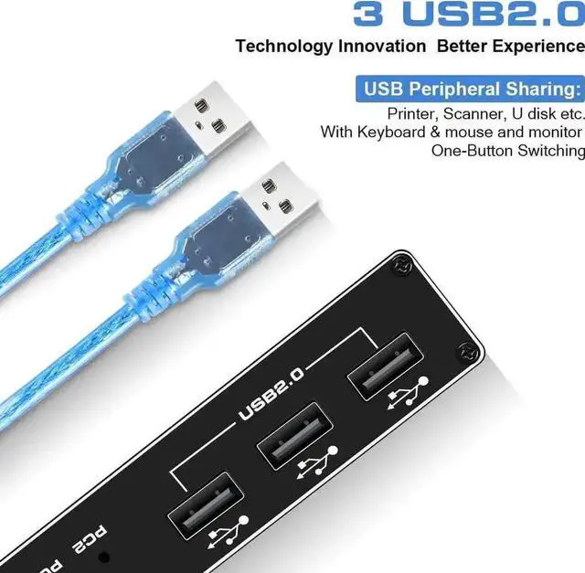 Alt view image 4 of 7 - 2-Port HDMI 2.0 KVM Switch 4K@60Hz, 2-In-1 Out KVM Switch with 3 USB Ports, 2 USB Cables Included for 2 PCs Sharing One Monitor, Compatible with Wireless Keyboard Mouse USB Drive Printer Camera