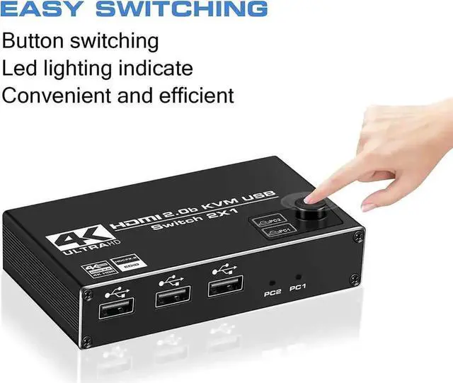 Alt view image 5 of 7 - 2-Port HDMI 2.0 KVM Switch 4K@60Hz, 2-In-1 Out KVM Switch with 3 USB Ports, 2 USB Cables Included for 2 PCs Sharing One Monitor, Compatible with Wireless Keyboard Mouse USB Drive Printer Camera