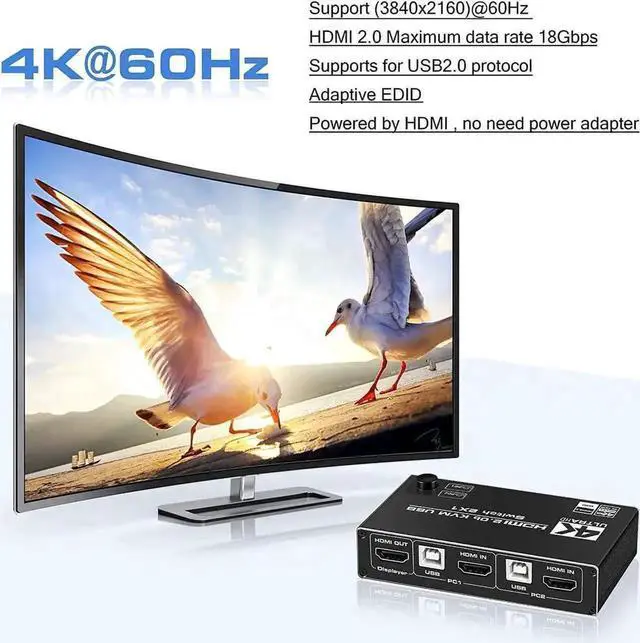 Alt view image 6 of 7 - 2-Port HDMI 2.0 KVM Switch 4K@60Hz, 2-In-1 Out KVM Switch with 3 USB Ports, 2 USB Cables Included for 2 PCs Sharing One Monitor, Compatible with Wireless Keyboard Mouse USB Drive Printer Camera