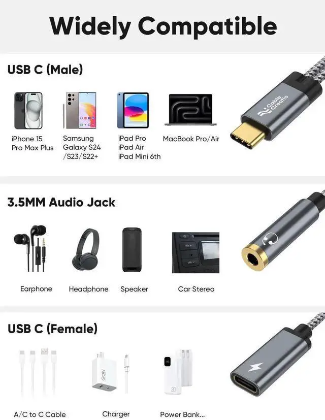 Alt view image 3 of 7 - WRIARICH USB C to 3.5mm Audio & Charging Adapter, PD 100W Fast Charging Type C Aux Headphone Splitter for iPhone 15/16, Galaxy S24 S23 S22 Ultra, iPad Pro Air, Pixel 9 8
