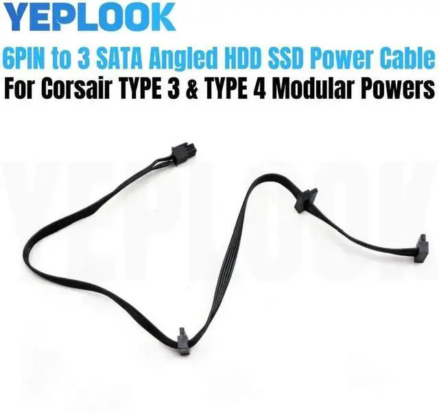 Alt view image 6 of 6 - WRIARICH 6Pin to 3 Angled SATA Modular Power Cable for Corsair HX Series PSU, 18AWG 50+15+15cm HDD SSD Power Cord Compatible with HX1050 HX850 HX750 HX650 Fully Modular Power Supplies