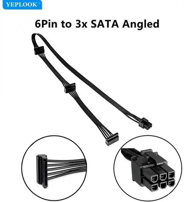 Alt view image 5 of 6 - WRIARICH 6Pin to 3 Angled SATA Modular Power Cable for Corsair HX Series PSU, 18AWG 50+15+15cm HDD SSD Power Cord Compatible with HX1050 HX850 HX750 HX650 Fully Modular Power Supplies