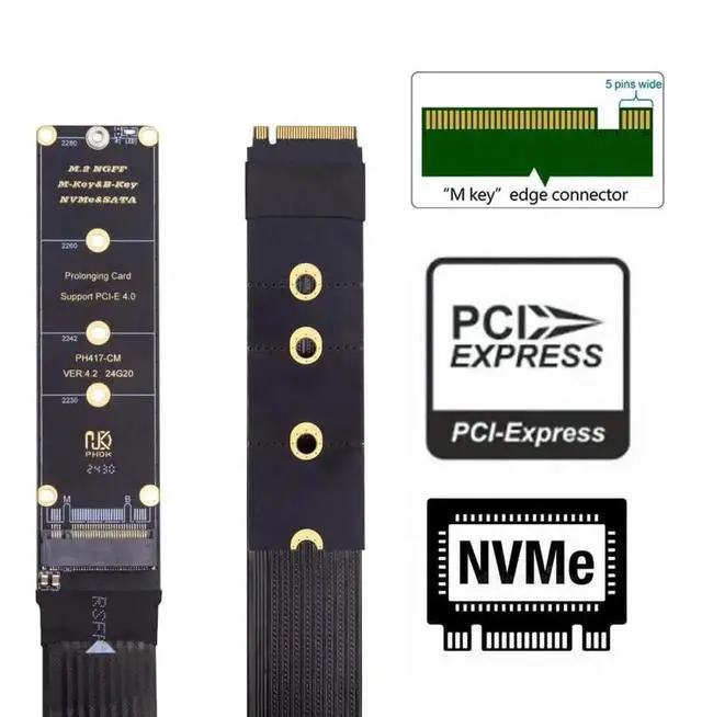 Alt view image 6 of 7 - WRIARICH 30cm PCIe 4.0 NGFF M-Key NVMe Extension Cable, M.2 Male to Female Riser Adapter for 2230/2242/2260/2280 NVMe SSD