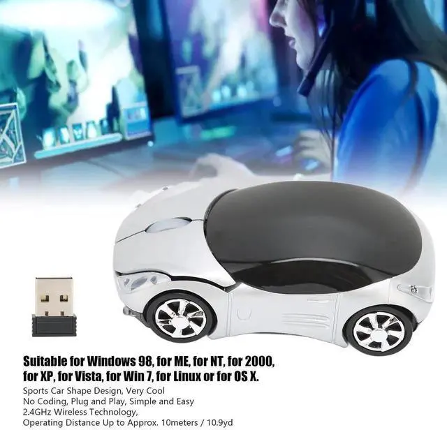 Alt view image 7 of 7 - WRIARICH 2.4GHz Wireless Cool Sport Car Shape Optical Mouse, Mini Sports Car Gaming Mice Compatible with Win98 Win7 Linux PC Laptop Computer, Silver