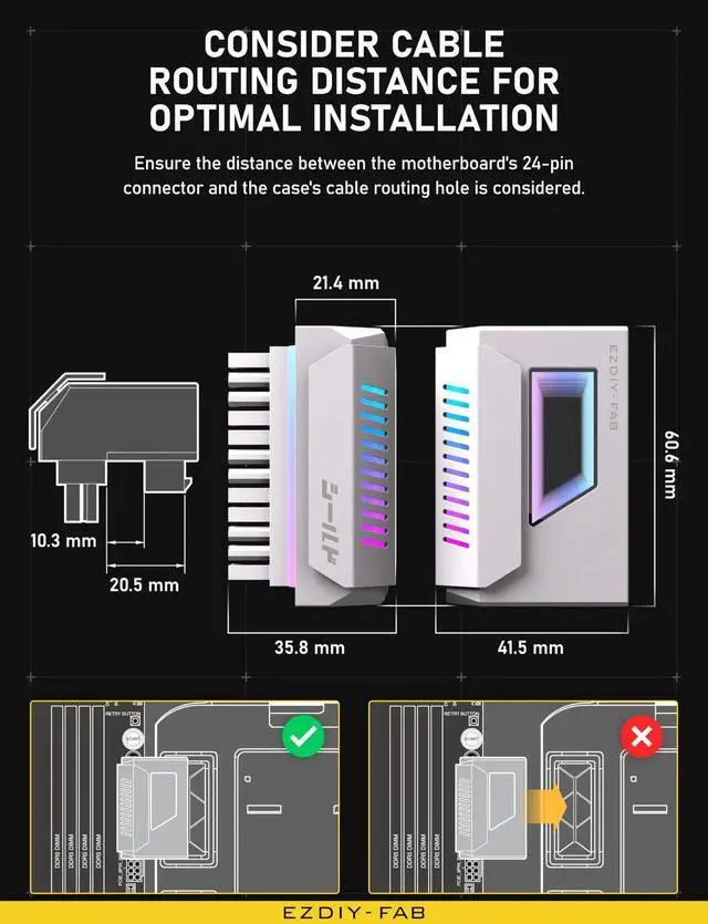 Alt view image 4 of 7 - WRIARICH 1 Pack White 180-Degree Angled ATX 24Pin Power Adapter with Infinity Mirror ARGB Lighting, 5V 3-Pin Addressable RGB Synchronizable 24Pin PSU Corner Connector