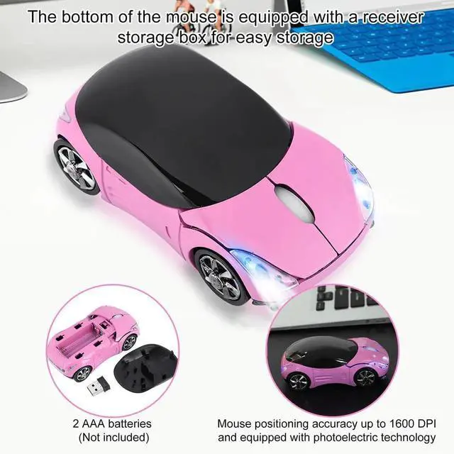 Alt view image 2 of 7 - WRIARICH 2.4G Wireless Cute Car Shape Optical Mouse with USB Receiver, 1600DPI Portable Mini Car Mice Compatible with XP Win7 ME 2000 Mac OS PC Laptop Tablet, Pink