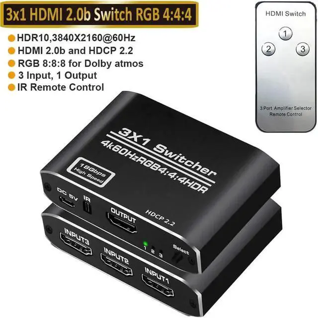 Alt view image 2 of 6 - WRIARICH 3 in 1 Out HDMI Switch with Remote Control, 4K@60Hz 3x1 HDMI Video Switcher Adapter OZQ3-1 Compatible with DVD HDTV TV Box PS4