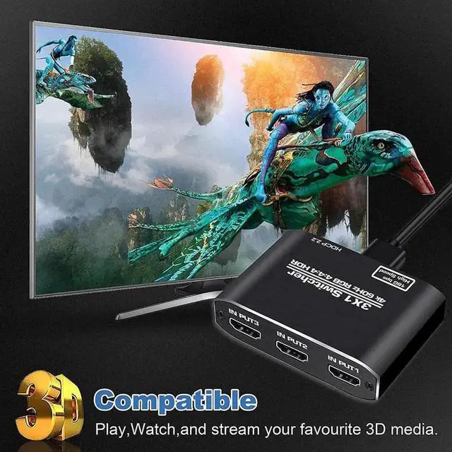Alt view image 3 of 6 - WRIARICH 3 in 1 Out HDMI Switch with Remote Control, 4K@60Hz 3x1 HDMI Video Switcher Adapter OZQ3-1 Compatible with DVD HDTV TV Box PS4