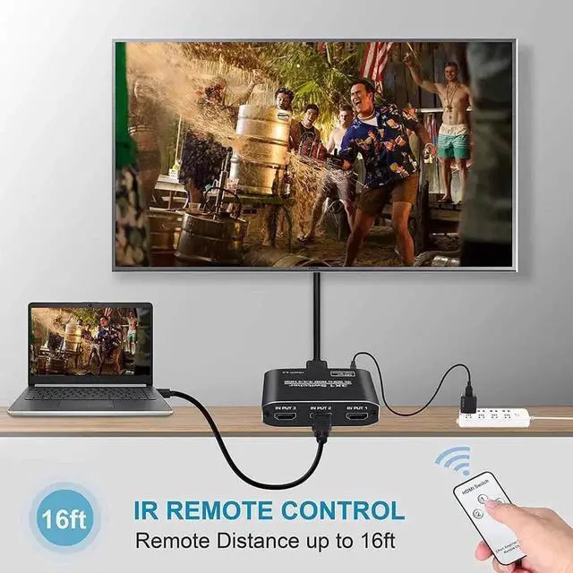 Alt view image 4 of 6 - WRIARICH 3 in 1 Out HDMI Switch with Remote Control, 4K@60Hz 3x1 HDMI Video Switcher Adapter OZQ3-1 Compatible with DVD HDTV TV Box PS4