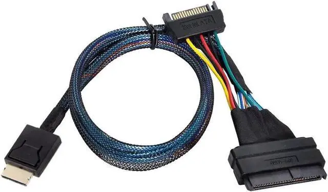 Alt view image 2 of 5 - WRIARICH PCIe 4.0 SFF-8611 4i Oculink to SFF-8639 U.2/U.3 NVMe SSD Cable with SATA Power, Black Sleeved, 1.64FT
