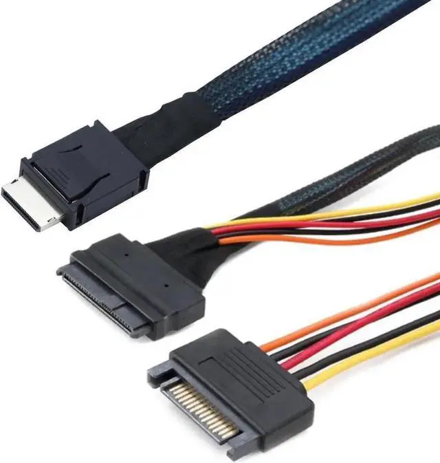 Alt view image 5 of 5 - WRIARICH PCIe 4.0 SFF-8611 4i Oculink to SFF-8639 U.2/U.3 NVMe SSD Cable with SATA Power, Black Sleeved, 1.64FT