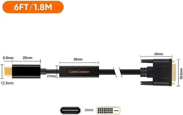 Alt view image 4 of 7 - WRIARICH 6FT USB Type-C to DVI Male to Male Cable, High Speed USB-C DVI Video Cord Compatible with MacBook Pro, Surface Book 2, Pixel, XPS 13/15, Yoga 920/910, Galaxy S22/S10+ & Surface Pro
