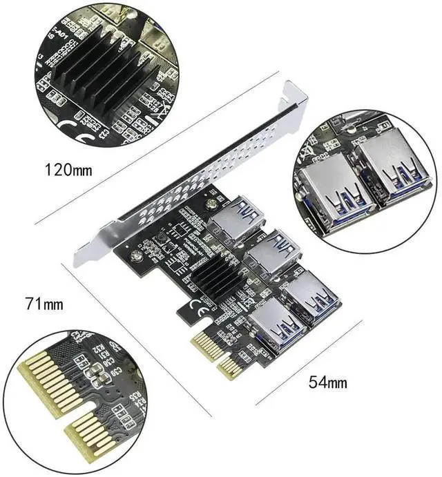 Alt view image 4 of 7 - WRIARICH PCIe 1X to 16X Riser Card, 1 to 4 Slot USB3.0 Adapter for Mining, No Cable