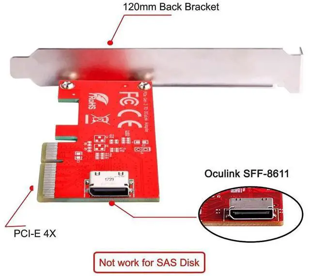 Alt view image 6 of 7 - WRIARICH PCIe 4.0 x4 to OCuLink SFF-8612/SFF-8611 Adapter Card, 64Gbps Host Converter for PCIe NVMe U.2 SSD with Full & Low Profile Bracket