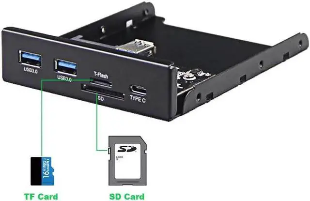 Alt view image 4 of 4 - WRIARICH 5.25/3.5 Inch Internal Front Panel Card Reader Hub, USB 3.1 Gen 1 Type-C Port + 2 USB 3.0 Ports, Multi-Slot SD TF Micro SD Memory Card Reader for Desktop PC Case