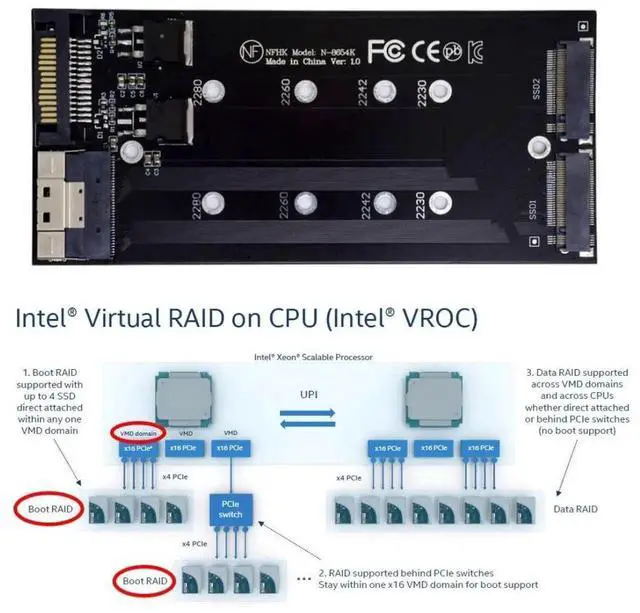 Alt view image 3 of 7 - WRIARICH Dual M.2 Key-M NVMe to SFF-8087 SFF-8654 Slimline 8X PCIe 3.0/4.0 VROC RAID0 Hyper Adapter Card, AHCI NVMe Breakout Riser Storage Controller Card