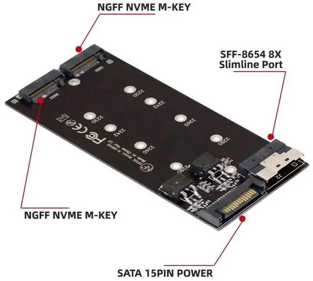Alt view image 4 of 7 - WRIARICH Dual M.2 Key-M NVMe to SFF-8087 SFF-8654 Slimline 8X PCIe 3.0/4.0 VROC RAID0 Hyper Adapter Card, AHCI NVMe Breakout Riser Storage Controller Card