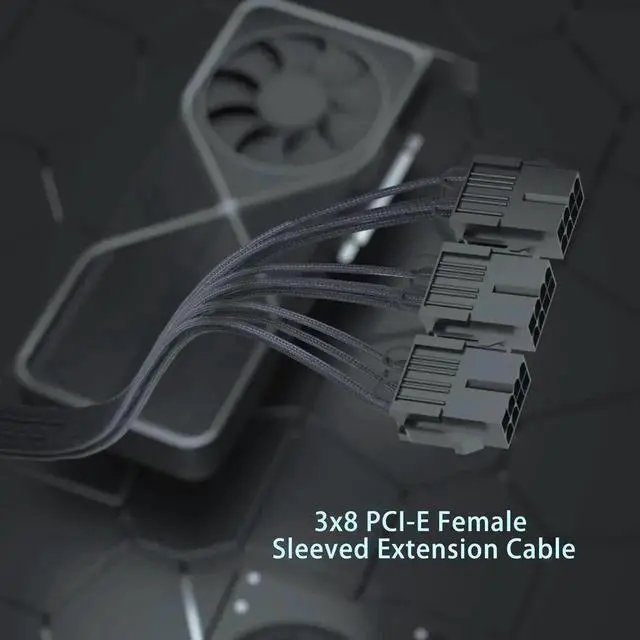 Alt view image 5 of 7 - WRIARICH PCIe 5.0 16-Pin (12+4) to 3x8 PCIe Sleeved Extension Cable, 12VHPWR 16AWG GPU Power Extension Cord Compatible with RTX 3090Ti RTX 4080 RTX 4090 All Modular PSU