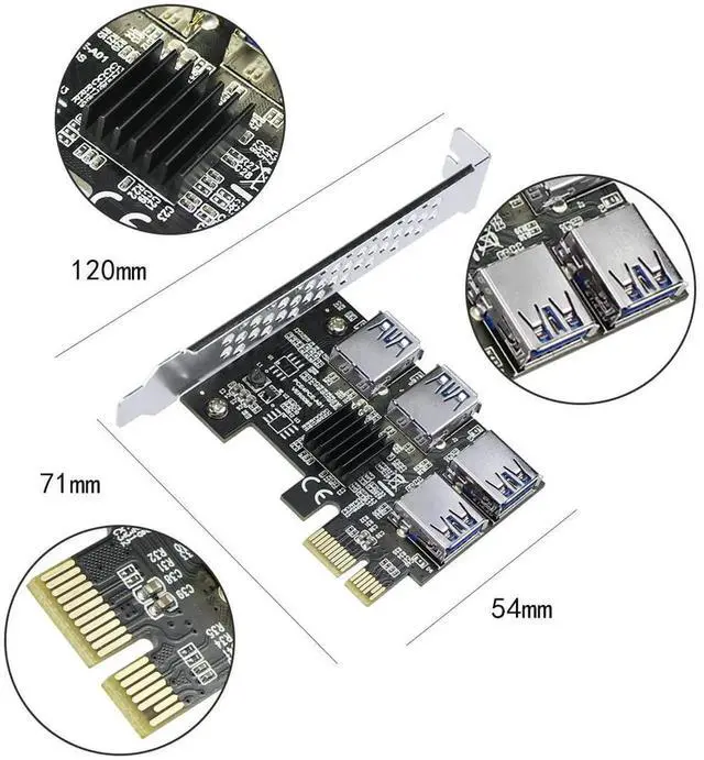 Alt view image 6 of 7 - WRIARICH PCI-E 1X to 16X Riser Card, PCIe 1 to 4 Slot USB3.0 Adapter for Mining, No Cable