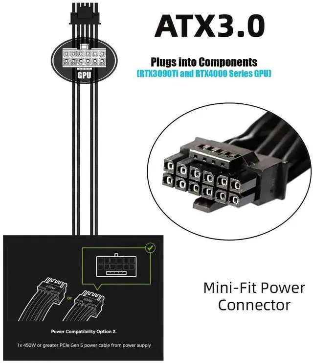 Alt view image 2 of 7 - WRIARICH ATX 3.0 PCIe 5.0 12VHPWR Modular Cable, 16Pin to 16Pin (12+4Pin) GPU Power Cord