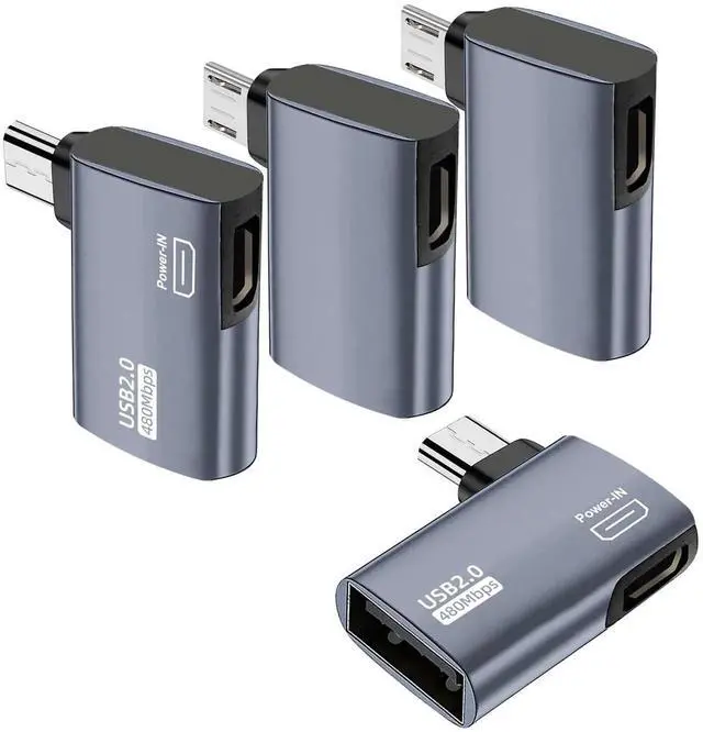 Main image of WRIARICH 4 Pack 90 Degree Left & Right Angled Powered Micro USB OTG Adapter, Grey Micro USB Male to USB A Female OTG Connector for Fire TV Stick 4K, Android Phones, Tablets & Micro USB Host Devices