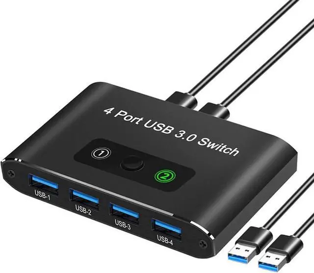 Main image of WRIARICH 2-In-4 Out Aluminum USB 3.0 KM Switch, 2 PCs Share 4 USB Peripherals, 5V USB-C Powered, One-Button Switch with 2 USB 3.0 Cables for Mouse Keyboard Printer Scanner