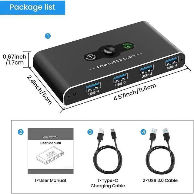 Alt view image 3 of 7 - WRIARICH 2-In-4 Out Aluminum USB 3.0 KM Switch, 2 PCs Share 4 USB Peripherals, 5V USB-C Powered, One-Button Switch with 2 USB 3.0 Cables for Mouse Keyboard Printer Scanner