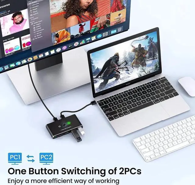 Alt view image 4 of 7 - WRIARICH 2-In-4 Out Aluminum USB 3.0 KM Switch, 2 PCs Share 4 USB Peripherals, 5V USB-C Powered, One-Button Switch with 2 USB 3.0 Cables for Mouse Keyboard Printer Scanner