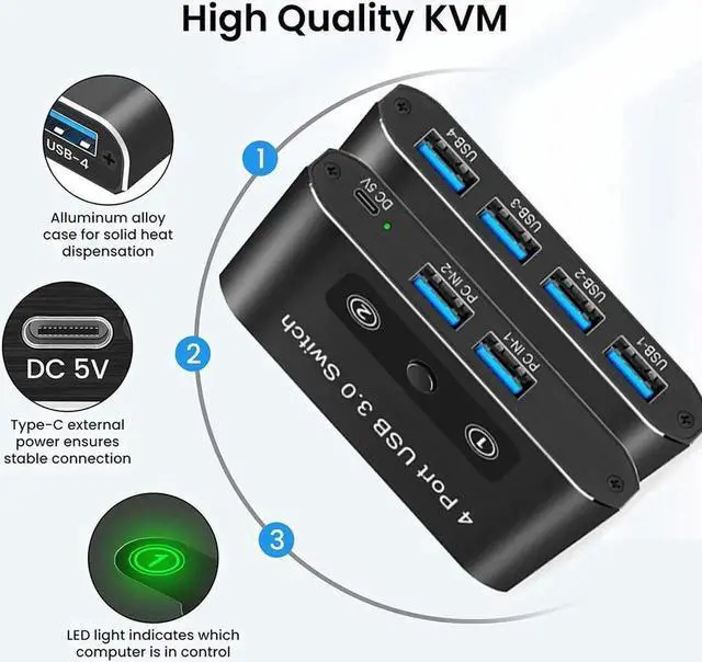 Alt view image 7 of 7 - WRIARICH 2-In-4 Out Aluminum USB 3.0 KM Switch, 2 PCs Share 4 USB Peripherals, 5V USB-C Powered, One-Button Switch with 2 USB 3.0 Cables for Mouse Keyboard Printer Scanner