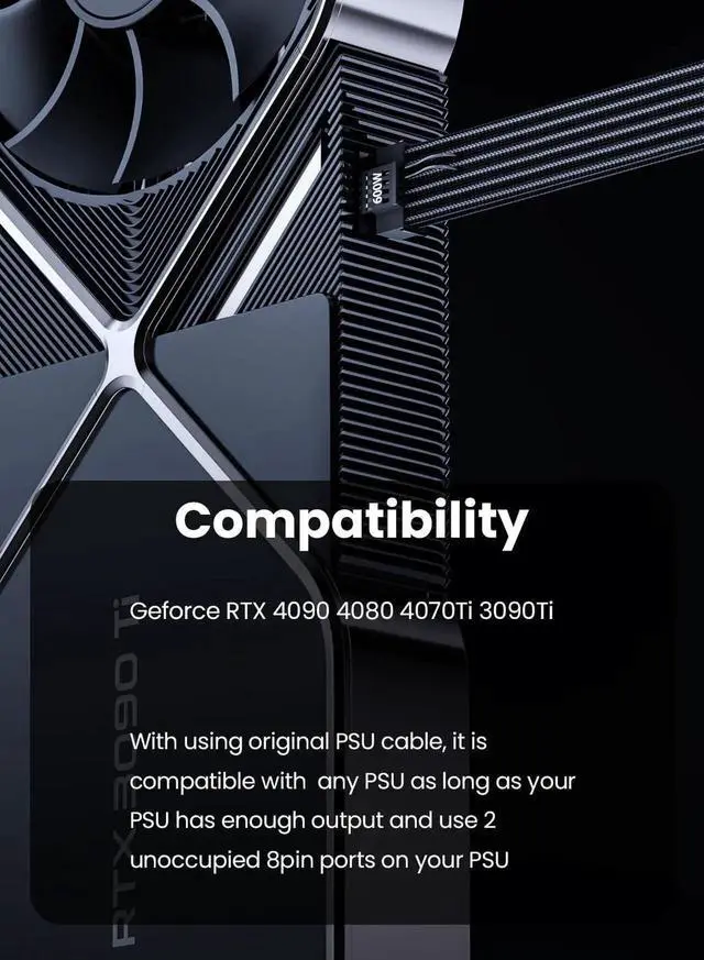 Alt view image 7 of 7 - WRIARICH 12VHPWR 16Pin (12+4) Male to Dual 8Pin Female PCIe 5.0 GPU Extension Cable, 30cm Sleeved Black Adapter Cord for RTX 4090 4080 4070Ti 3090Ti