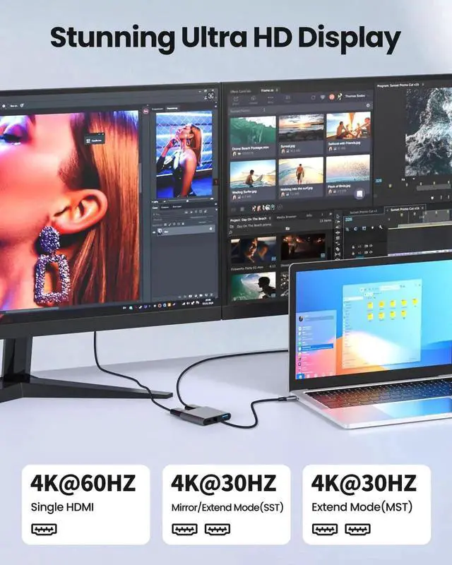 Alt view image 4 of 7 - USB C to Dual HDMI MST Adapter, 4K@60Hz Dual Monitor Splitter with 100W PD Charging & Extra USB-A Port, Supports Triple Separate Extended Screens on Windows, Only Mirror Mode Available for macOS Lapto