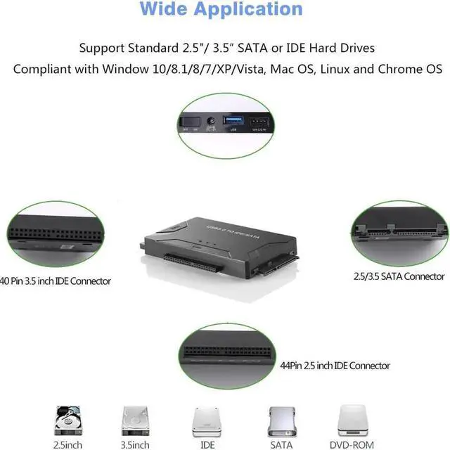 Alt view image 6 of 7 - WRIARICH USB 3.0 to SATA IDE Hard Drive Adapter Converter with Power Switch, Supports 2.5" 3.5" SATA HDD SSD & IDE Hard Disks, Max 4TB Storage Capacity