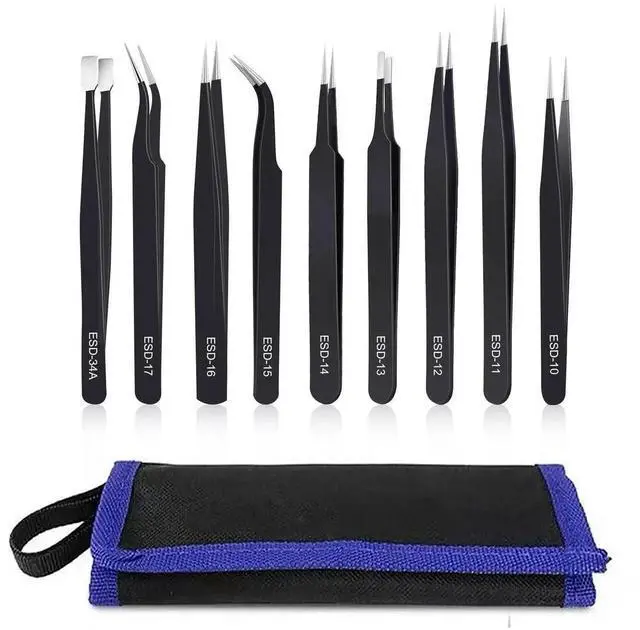 Main image of WRIARICH 9PCS ESD Anti-Static Stainless Steel Precision Tweezers Kit for Soldering, Lab, Jewelry, Model & Craft