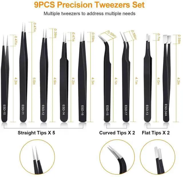Alt view image 4 of 7 - WRIARICH 9PCS ESD Anti-Static Stainless Steel Precision Tweezers Kit for Soldering, Lab, Jewelry, Model & Craft