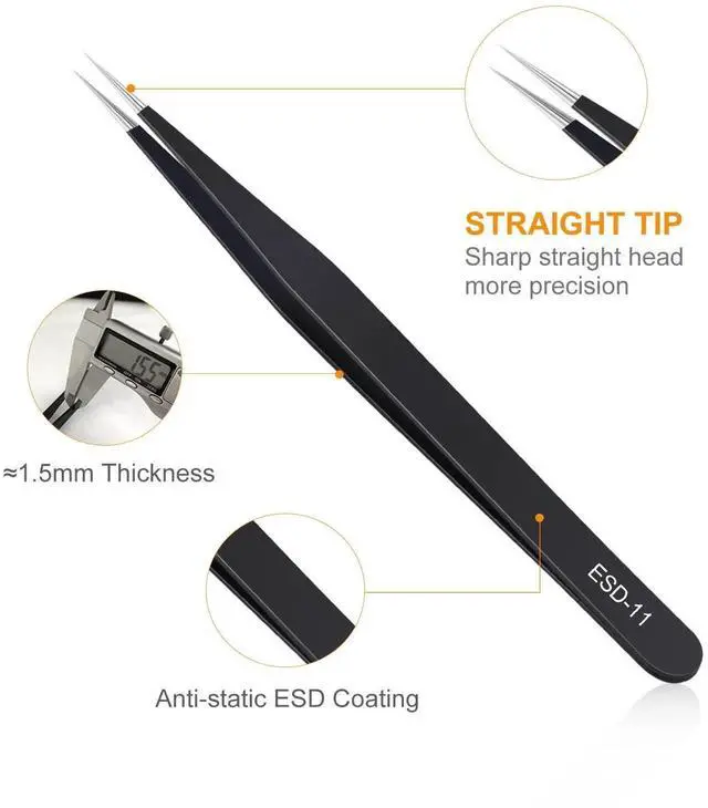 Alt view image 7 of 7 - WRIARICH 9PCS ESD Anti-Static Stainless Steel Precision Tweezers Kit for Soldering, Lab, Jewelry, Model & Craft