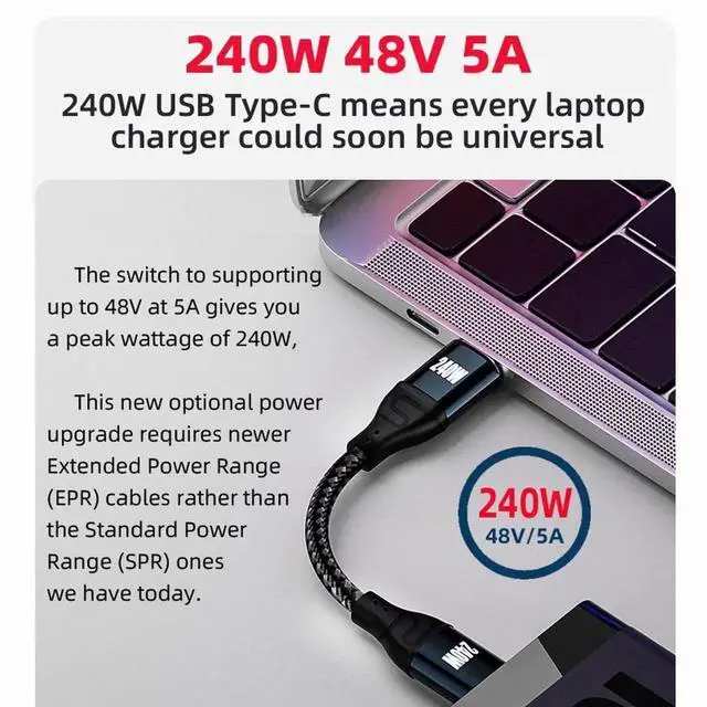 Alt view image 3 of 7 - WRIARICH 3M Up & Down Angled USB-C to USB-C Cable, 240W 48V 5A, 480Mbps, 100W Compatible for Laptops, Tablets & Phones
