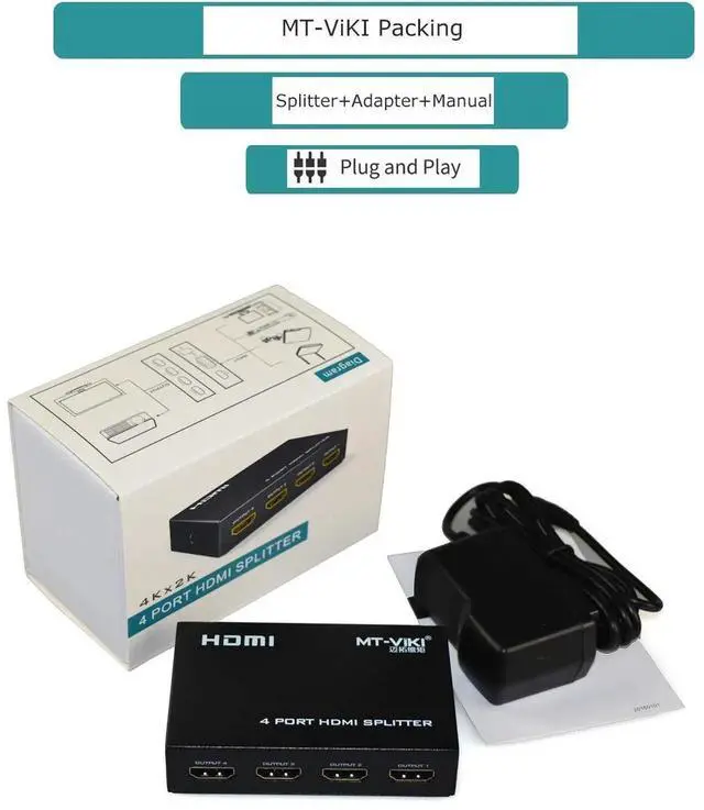 Alt view image 5 of 7 - WRIARICH MT-ViKI 1 in 4 Out Powered HDMI Splitter with AC Adapter, 1x4 4-Port HDMI Distributor Support 4K@30Hz 3D Full HD for PS4 Fire Stick HDTV Monitors