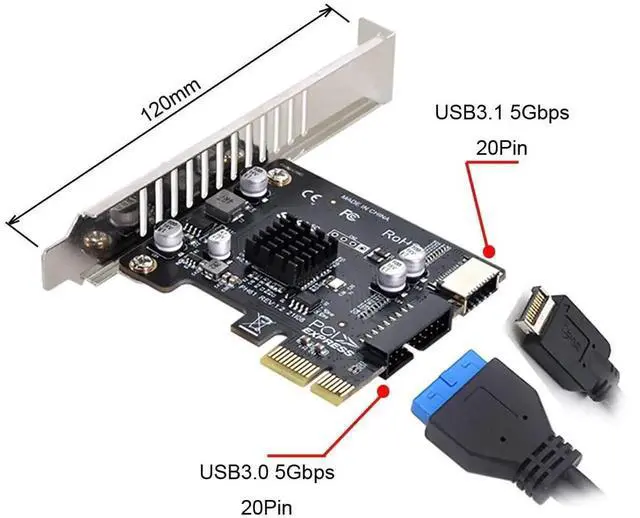 Alt view image 3 of 7 - WRIARICH PCIe 1X to Type-E USB 3.1 + USB 3.0 20Pin Adapter Card, 5Gbps Front Panel Socket Converter for Motherboard