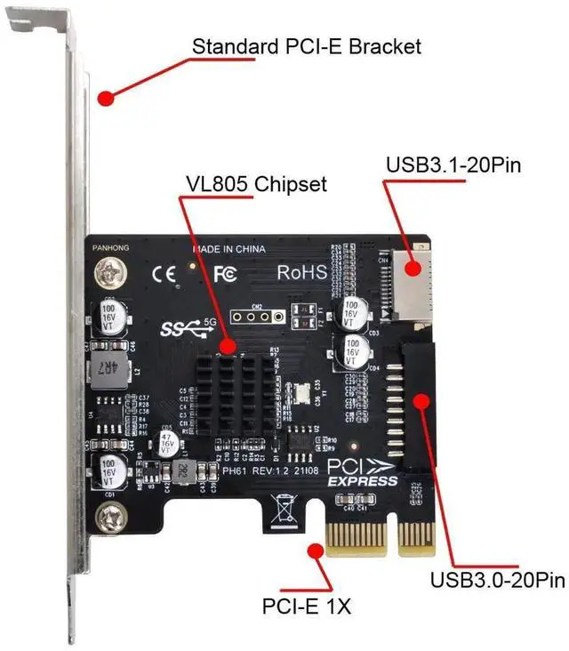Alt view image 5 of 7 - WRIARICH PCIe 1X to Type-E USB 3.1 + USB 3.0 20Pin Adapter Card, 5Gbps Front Panel Socket Converter for Motherboard