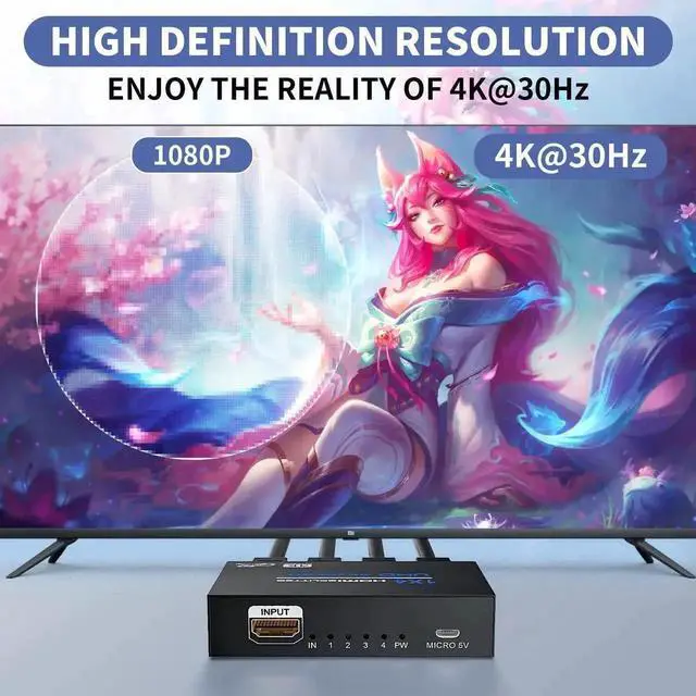 Alt view image 5 of 7 - WRIARICH 1 In 4 Out Powered HDMI Splitter with Power Cord, 4K@30Hz 1×4 Mirror Screen Duplicator Supports Ultra HD 3D 1080P HDCP 1.4 for HDTV STB DVD PS3/PS4/PS5 Projector