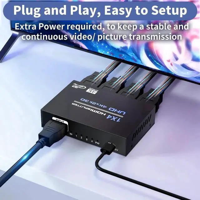 Alt view image 6 of 7 - WRIARICH 1 In 4 Out Powered HDMI Splitter with Power Cord, 4K@30Hz 1×4 Mirror Screen Duplicator Supports Ultra HD 3D 1080P HDCP 1.4 for HDTV STB DVD PS3/PS4/PS5 Projector
