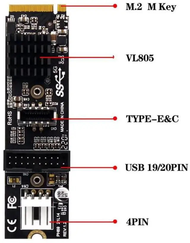 Alt view image 3 of 7 - WRIARICH USB 3.1 Type-E Front Panel Socket + USB 2.0 to NVME NGFF M-Key Adapter Card with VL805 Chip, 5Gbps for Motherboard