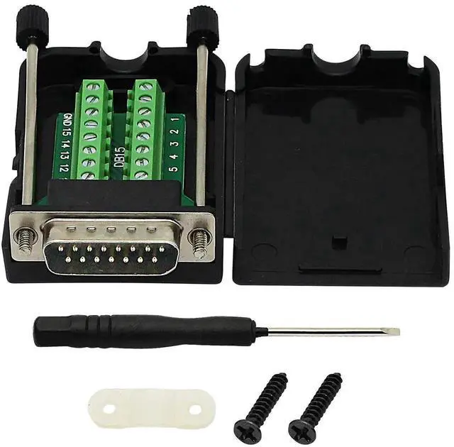 Main image of WRIARICH Black DB15 Male Solderless Breakout Terminal Board with Plastic Shell & Long Mounting Screws, 15Pin D-SUB Serial Signal Screw Terminal Adapter PCB Module (MB Male Version)