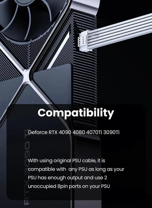 Alt view image 5 of 7 - WRIARICH White PCIe 5.0 12VHPWR GPU Extension Cable, 16Pin(12+4) 12V-2x6 Male to Dual 8Pin(6+2) Female Sleeved Power Cord, 16AWG, Compatible with RTX 4070 Ti/4090/4080/3090 Ti