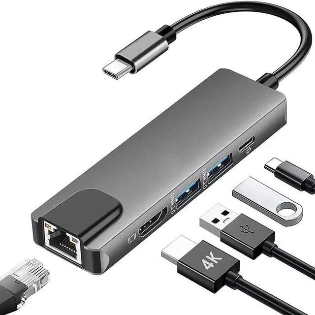 Main image of WRIARICH 5-in-1 USB C Multiport Adapter with Gigabit Ethernet, 4K@60Hz HDMI, 2 USB 3.0 & 100W PD Charging Port, USB C Dock Hub for USB-C Laptops