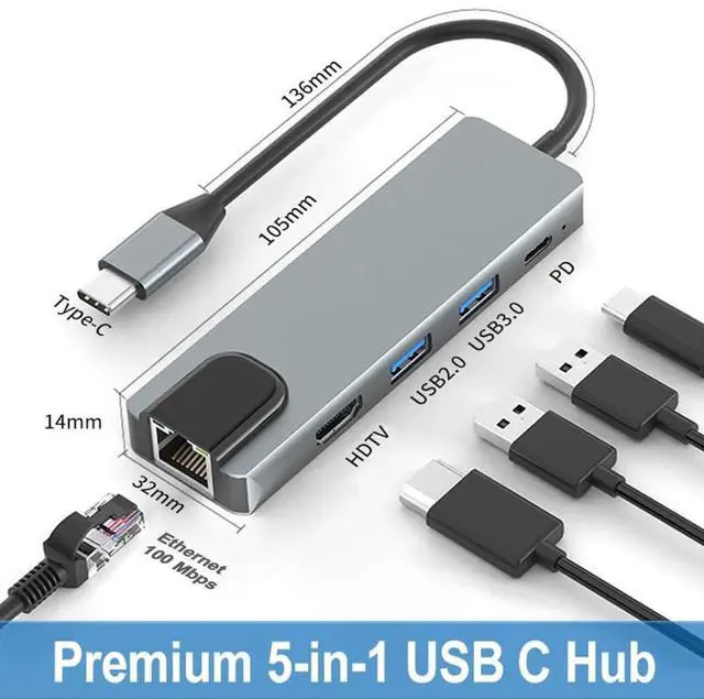 Alt view image 2 of 7 - WRIARICH 5-in-1 USB C Multiport Adapter with Gigabit Ethernet, 4K@60Hz HDMI, 2 USB 3.0 & 100W PD Charging Port, USB C Dock Hub for USB-C Laptops