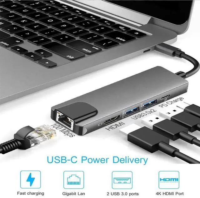 Alt view image 6 of 7 - WRIARICH 5-in-1 USB C Multiport Adapter with Gigabit Ethernet, 4K@60Hz HDMI, 2 USB 3.0 & 100W PD Charging Port, USB C Dock Hub for USB-C Laptops