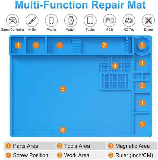 Alt view image 4 of 7 - WRIARICH Heat Resistant Silicone Soldering Work Mat 13.8×9.9 Inch, 932°F High Temp Anti-Slip Magnetic Repair Pad for Phone, Watch, Eyeglass & Electronics Repair
